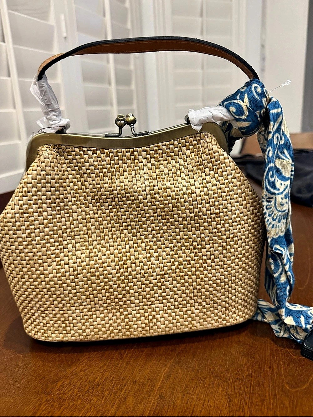 Patricia Nash Laurena Woven Raffia Shoulder Bag in Beige with blue twilly  NWT